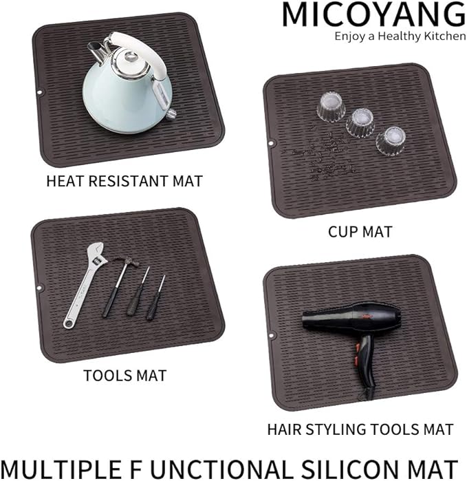 MicoYang Silicone Dish Drying Mat for Multiple Usage,Easy clean,Eco-friendly,Heat-resistant Silicone Mat for Kitchen Counter or Sink,Refrigerator or Drawer Liner Coffee 2XL 24 inches x 18 inches