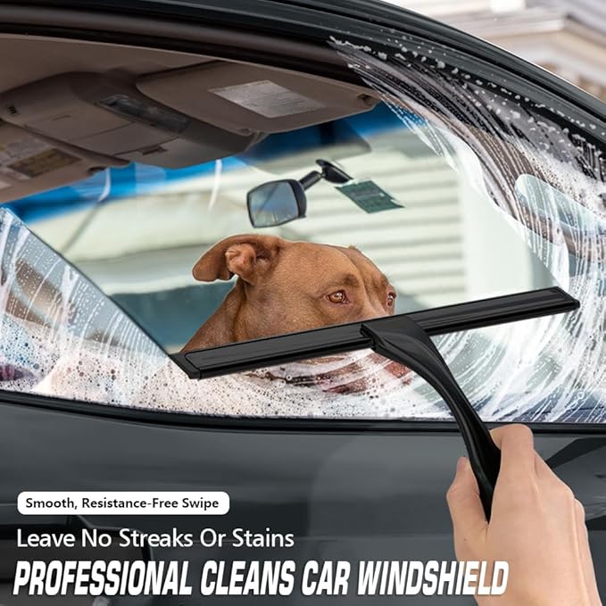 OVSGTTZ Stainless Steel Shower Squeegee for Glass, Includes 3 Adhesive Hooks, Shower Door Squeegee for Bathroom, Household Window, Car Windshield, Mirrors, Tiles Scrubber Clear, 12 inch Black