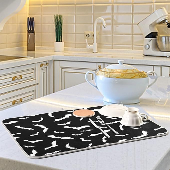 Black Bats Dish Drying Mat 16x18 for Kitchen Counter Happy Halloween Spooky Boo Dishes Pad Absorbent Fast Dry Dish Draining Mats Medium Kitchen Accessories