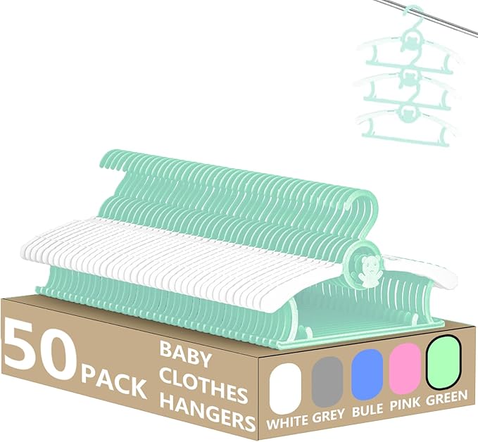 HGYZE Kid Hangers for Closet 50pcs, Green Infant Clothes Hanger 11-14" Adjustable Plastic Baby Coat Hangers with Bear Hook, Non-Slip Children Outfit Hangers for Boy Toddler Newborn Teen Clothing