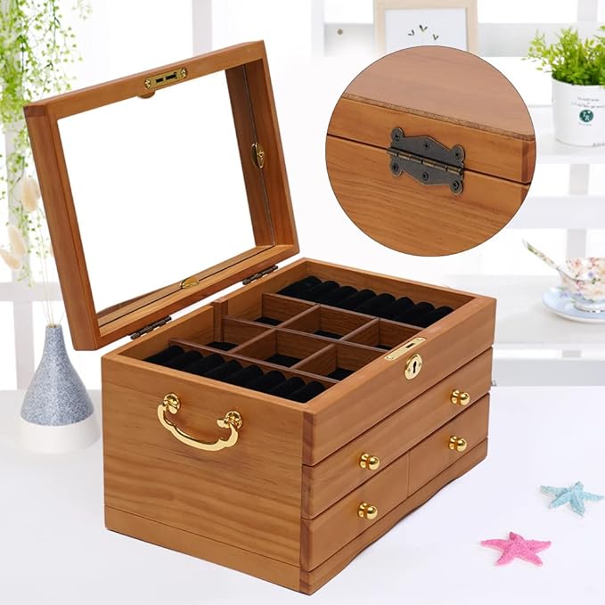 3-Layer Jewelry Organizer with 2 Drawers Wooden Jewelry Box Organizer Display Storage Case with Mirror and Lock for Women Necklace Ring Storage