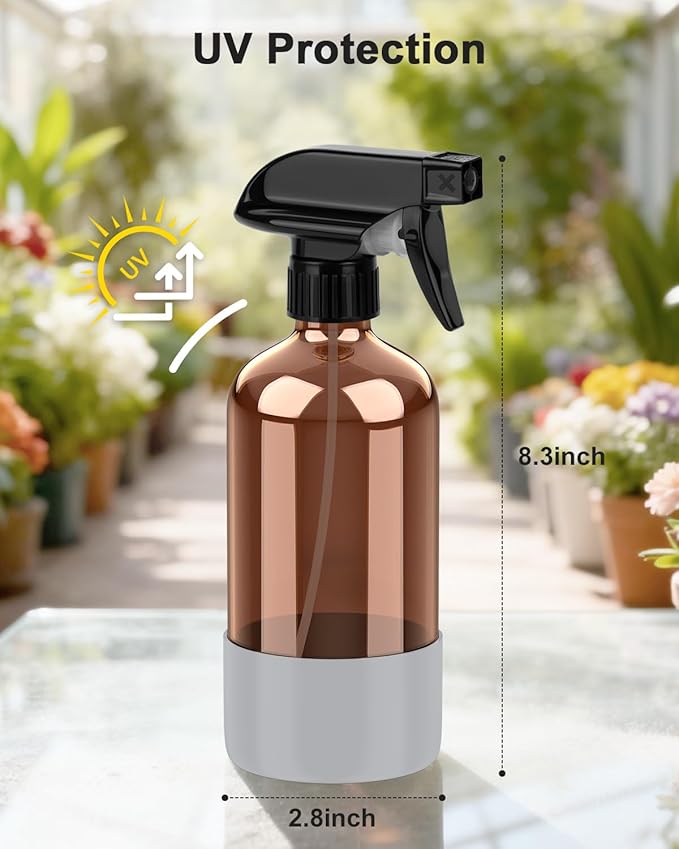 Bontip Amber Glass Spray Bottle with Silicone Sleeve Protection, 16 oz Refillable Spray Bottle for Cleaning Solutions, Plants, Aromatherapy, Facial Hydration (Grey Sleeve(Amber Bottle)