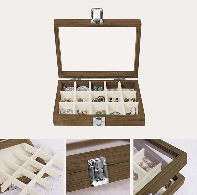 Stratalife Jewelry Organizer Box with 15 Detachable Slots Earring Holder for Women & Girls Velvet Lined Earring Storage Case Compact Jewelry Box for Earrings Rings and Charms Wood Beige