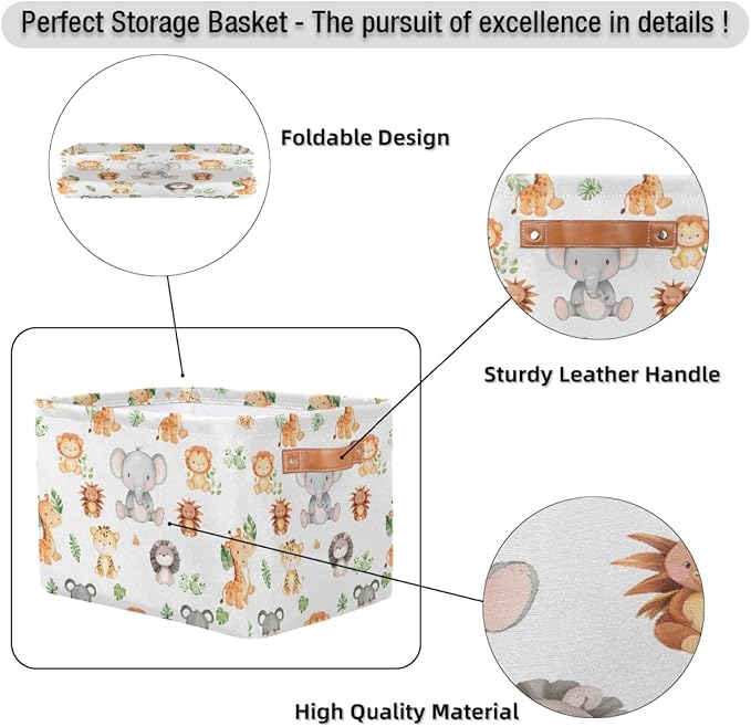 Cartoon Animal Storage Basket for Shelves, Storage Bins with Handles, Collapsible Basket for Organizing, Closet Toy Baskets for Nursery Room, 15x11x9.5 in, Canvas, Woodland Animals