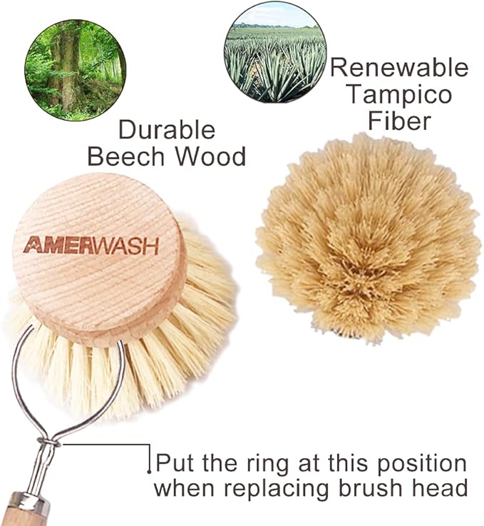 AMERWASH PLUS Classic Dish Brush Replacement Head 3 Packs, Natural Bristle Tampico Fiber for All Purpose Cleaning, Kitchen Scrubber