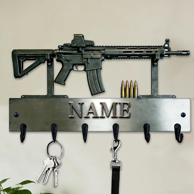 Custom 2D Flat Print Gun Bullet Themed Wall Hook for Men Husband Grandpa Dad Personalized Name Bullet Gun Equipment Wall Mounted Key Rack Firearm Themed Coat Holder for Bedroom Man Cave Carage Kitchen
