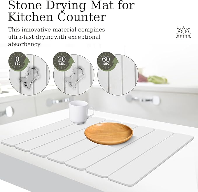 Hopegiver Stone Drying Mat for Kitchen Counter, 16"x12" Foldable Quick Dry Stone Mat Kitchen, Diatomaceous Earth Absorbent Dish Drying Mat for Countertop Sink Bathroom, White with Sanding Block