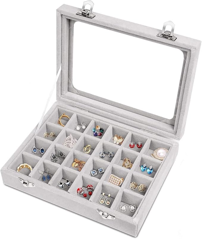 Velvet Jewelry Box 24 Grid Jewelry Earrings Display Organiser Box Ring Tray Holder Earrings Storage Case for Girls Women Wife Mom (Gray)