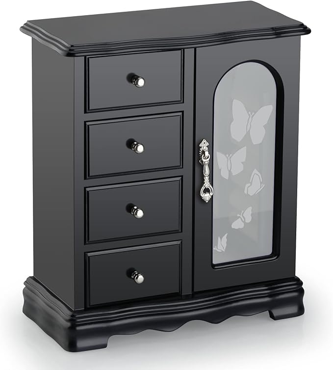 RR ROUND RICH DESIGN Jewelry Box - Made of Solid Wood with 4 Drawers Organizer and Built-in Necklace Carousel and Large Mirror Black