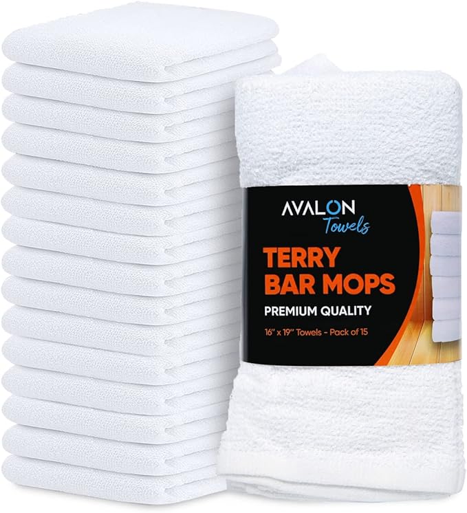 Avalon Towels Terry Bar Mop Towels (Value Pack of 15) Size 16"x19" – Absorbent and Durable, Multipurpose Cleaning Rags, Cotton Cleaning Cloths, Terry Cloth Rags, Reusable Shop Rag