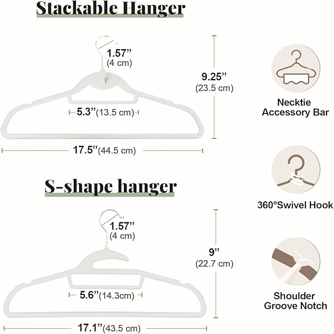 UEAKPIC Velvet Hangers 50 Pack, S-Shaped and Stackable Non Slip with 360°Swivel Hook, Ultra Thin and Space Saving Flocked, for Suits, Shirts, Coats, 15Lbs Capacity Heavy Duty, White