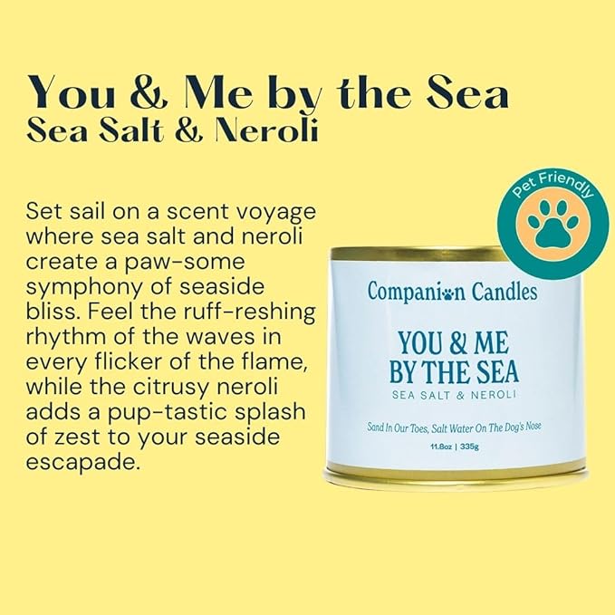 Companion Candles Pet Safe Wood Wick Candle - “You & Me by The Sea” Sea Salt & Neroli, Coconut Soy Wax Scented, Over 50 Hr Burn Time, Non-Toxic, Women-Owned, Made in USA (11.8 oz.)