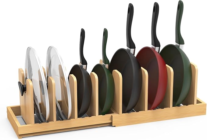Bambition Bamboo Pot Lid Organizer, Pots and Pans Organizer Inside Cabinet, Pot Lids holder for Kitchen Countertop