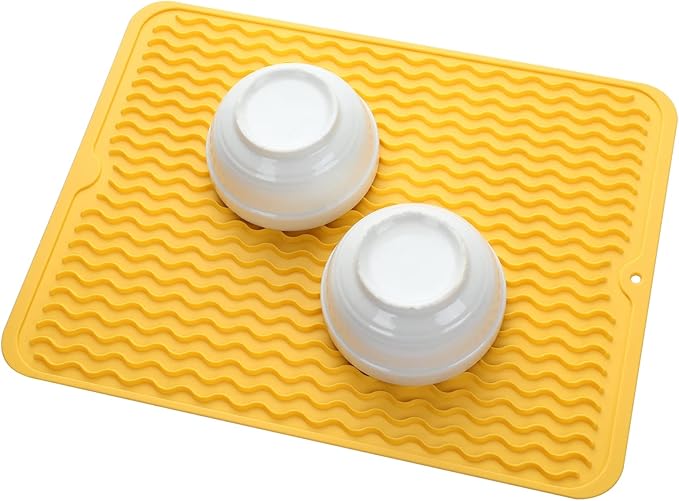 MicoYang Silicone Dish Drying Mat for Multiple Usage,Easy clean,Eco-friendly,Heat-resistant Silicone Mat for Kitchen Counter or Sink,Refrigerator or drawer liner Yellow L 16 inches x 12 inches