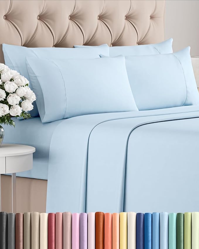 Full 6 Piece Sheet Set - Comfy Breathable & Cooling - Ultra Soft Hotel Luxury Bedding Set w/ 8-16 Inch Deep Pockets - 1 Flat & 1 Fitted Sheet & 4 Pillowcases - Wrinkle Free and Easy Care - Sky Blue