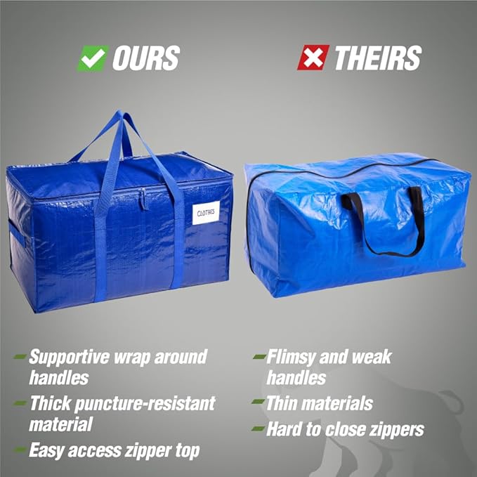 RUGGED RHINO 4 Pack Heavy Duty Extra Large Blue Moving Bags, Durable Bag with Strong Handles and Zipper, Moving Boxes Alternative for College Packing, Holiday Décor, Space Saving Storage with Label