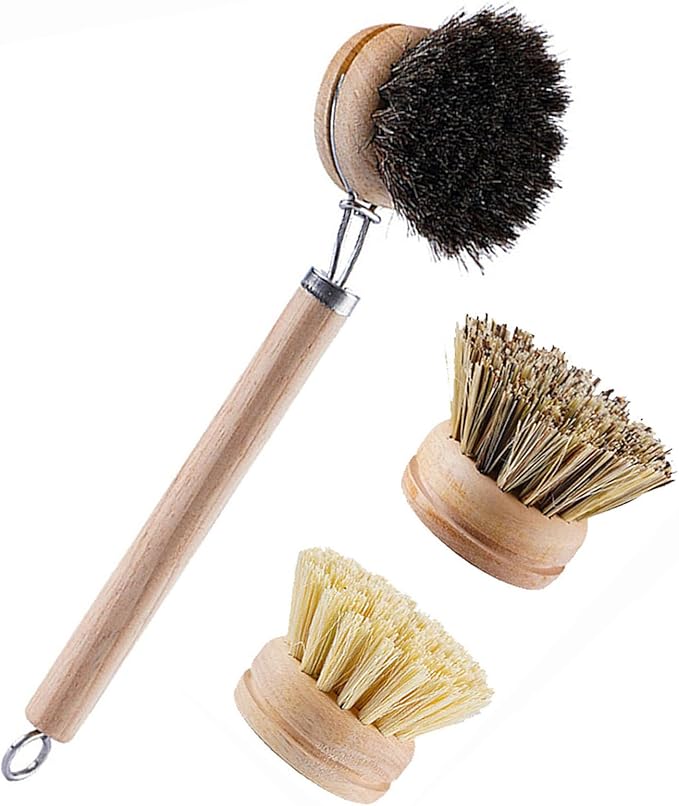 SUPRNN Bamboo Dish Brush with Handle, 1 Sturdy Wooden Handle with 3 Natural Bristle Heads, Horsehair, Sisal, Palm - All Purpose Kitchen Scrubber, Bamboo Wok Brush, Fruit and Veggie Scrubber