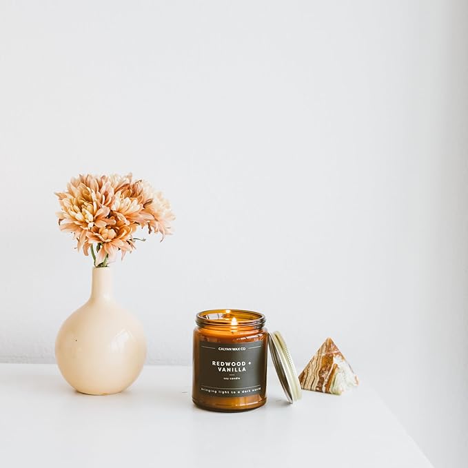 Calyan Wax Co. Redwood & Vanilla Scented Candle - 57 Hour Burn - Luxury Non Toxic Soy Wax Candles - Long Lasting Amber Glass Jar Candle for Home - 7.2oz