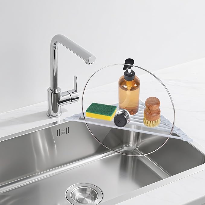 HANZENMA Triangular Sink Rack, Multi-Functional Rack Above The countertop, Foldable Sink Drying mat, Heat-Resistant, Non-Slip, and Rust-Proof Dish Rack (Gray)