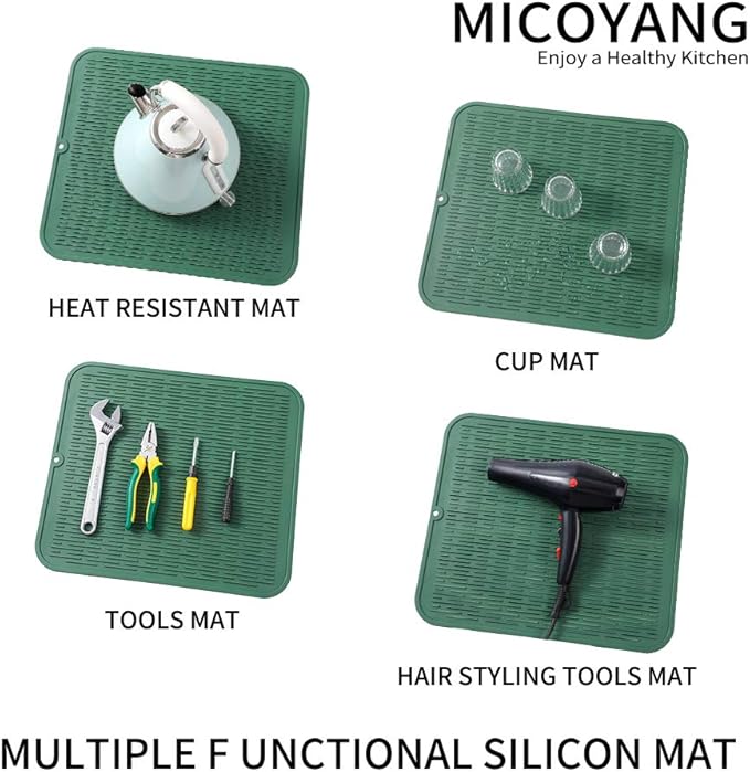 MicoYang Silicone Dish Drying Mat for Multiple Usage,Easy clean,Eco-friendly,Heat-resistant Silicone Mat for Kitchen Counter or Sink,Refrigerator or Drawer Liner Green XL 18 inches x 16 inches