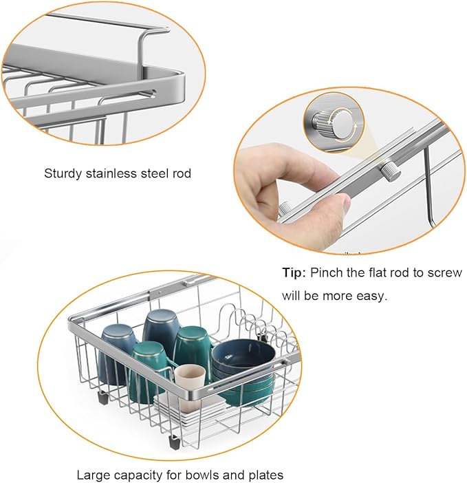 Homics Expandable in Sink Dish Drying Rack, Adjustable Capacity (10.5''-16'') Stainless Steel Over The Sink Dish Drying Rack, Dish Drainer for Kitchen Sink Counter with Utensil Holder