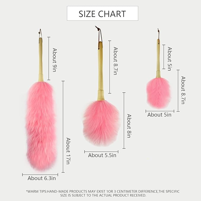 iHUFeather Lambswool Duster 16'' Length Solid Wooden Handle Leather Hang Strap for Cleaning Ceiling Fans Window Blinds Computer Furniture Figurines TV Natural Feather Duster,Pink
