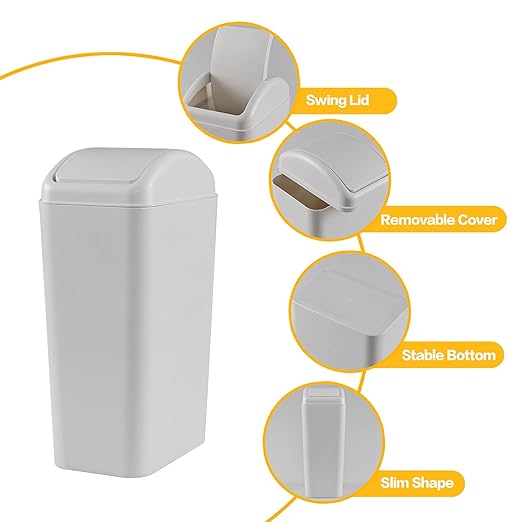 Hespama 3.5 Gallon / 14 L Slim Trash Can with Swing Lid, Small Garbage Bin for Narrow Space, Light Grey