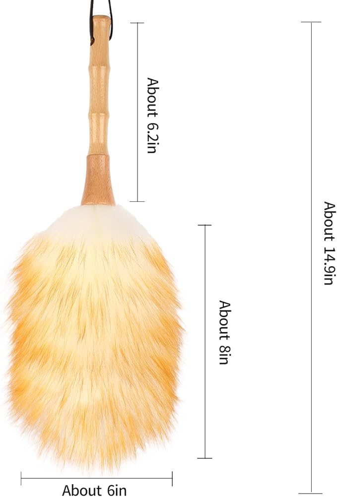 FeelfunFeather Feather Duster, Lambswool Duster for Cleaning,with Solid Wooden Handle,Leather Hang Strap,Anti-Static 14.9 inch Washable Reusable Small Hand Duster(Natural) for Office, Home and Car