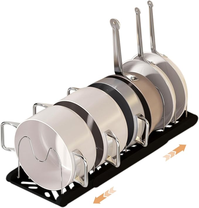 Lhieiayh Pot Rack -Expandable Pan Organizer for Cabinet,Pot Lid Holder with 7 Adjustable Compartment for Kitchen Cabinet Cookware Baking Frying Rack,Black