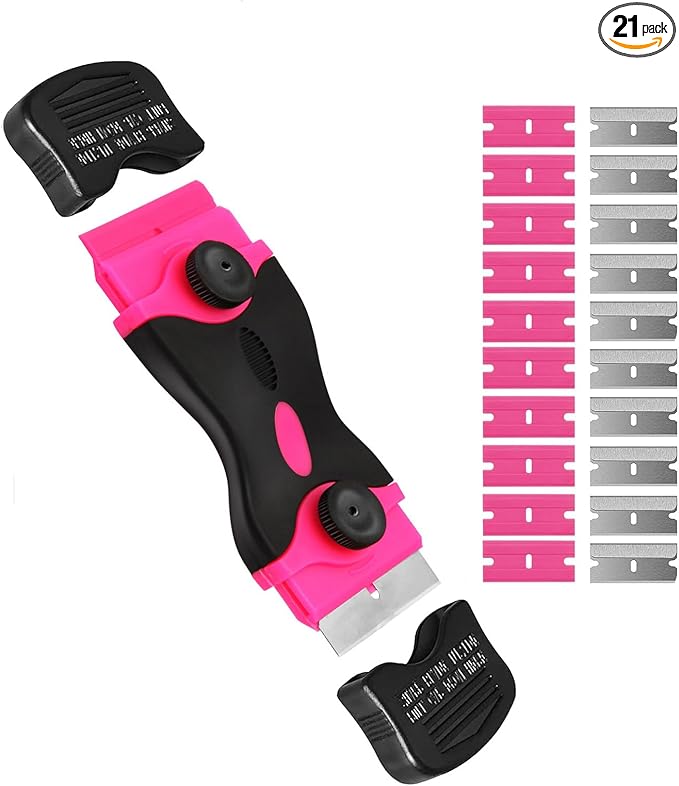 Razor Blade Scraper Tool, Cleaning Scraper Tool with 20Pcs Metal & Plastic Razor Blades, Multi-Purpose Razor Glass Scraper for Windows,Decals,Stickers,Labels,Adhesive,Cooktop,Paint Removal, Pink