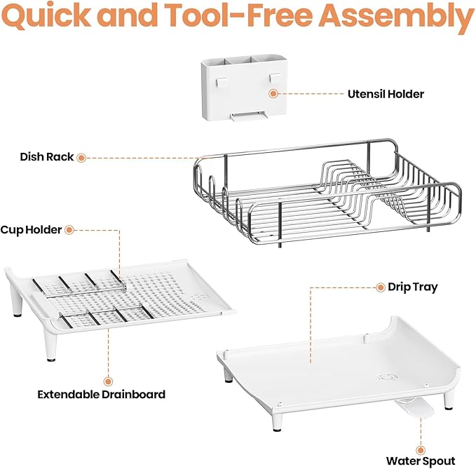 TOOLF Dish Drying Rack - Large Expandable Dish Rack for Kitchen Counter, Stainless Steel Dish Drainer for Kitchen Organization with Cutlery ＆ Cup Holder,White