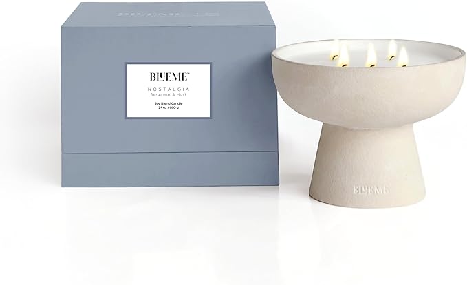 Blueme Nostalgia Candle | Bergamot & Musk | 5 Wick - Refillable Wellness Candle with Essential Oils, Hand Finished & Poured Soy Wax Blend Ceramic Vessel, Natural Cotton Wicks | Large 24 oz