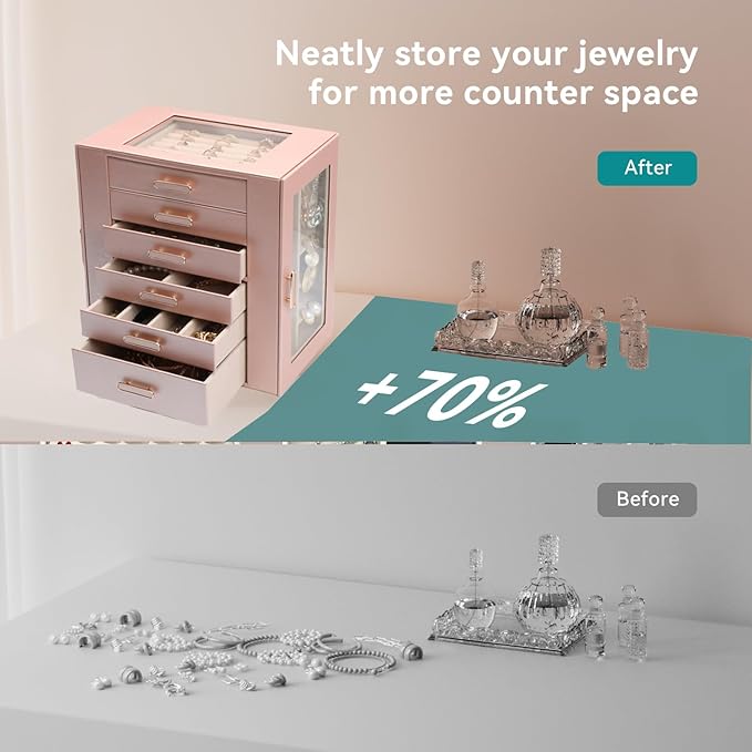 Jewelry Boxes for Women, 6 Layer Jewelry Organizer with Glass Lids, Jewelry Holder Organizer with 5 Drawers and 2 Glass Doors for Jewelry Storage, Big Jewelry Box for Womens Gift (Rose Gold)