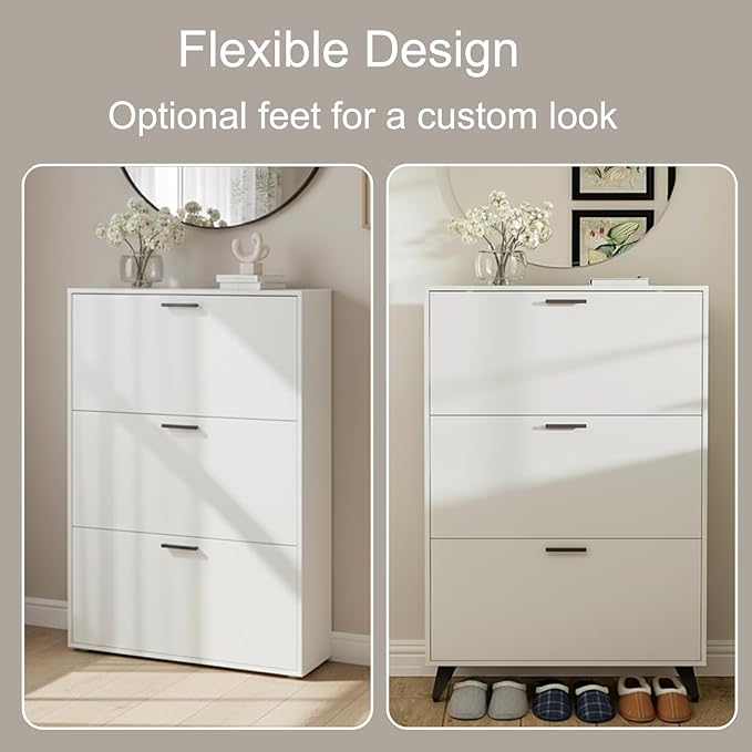 White Shoe Storage Cabinet - Fit up to Size 16, 3 Flip Drawers, Wooden Organizer for Entryway, Closet, Living Room