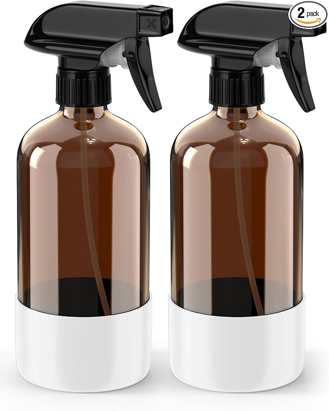 Bontip Glass Spray Bottle with Silicone Sleeve Protection, Amber Glass Spray Bottle Set for Window Cleaner Aromatherapy Facial Hydration Watering Flowers Hair Care 2 Pack/16 oz (White, 16 oz)