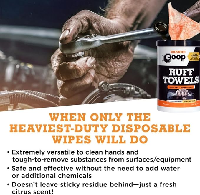 GOOP Orange Heavy Duty Ruff Towels with Scrubbing Power, 10” x 12” Dual Textured Multi-Purpose Cleaning Wipes, Removes Dirt, Grease, Oil, 72 Count