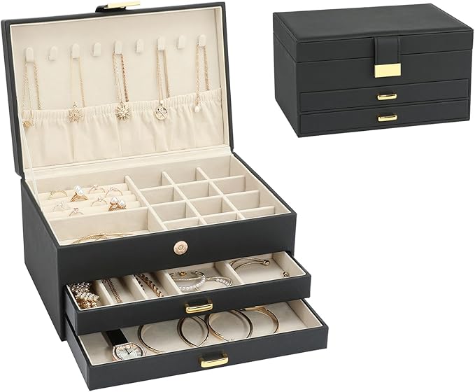 Jewelry Holder Organizer, Leather Jewelry Set Box with 2 Drawers, Jewelry Storage Box for Women Girls(Black)