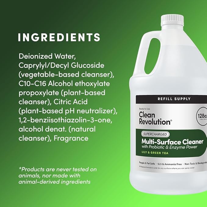Clean Revolution SuperCharged All Purpose Cleaner Refill with Smart Probiotic + Enzyme Complex, Multi-Surface Kitchen Bathroom & Floor Cleaner, Lily & Green Tea, 128 Fl Oz