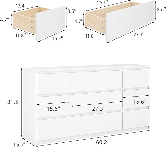 White Dresser for Bedroom,60.4" W High Gloss Large 9 Drawers Dressers with Handle Free, Wide High Gloss Chest of Drawers Large, Long Modern Storage Drawer Dresser for Bedroom, Living Room