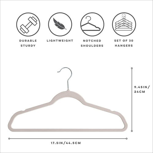 3 Sprouts - Adult Velvet Hangers - Non Slip Felt Clothing Hanger Set - Durable & Slim for Space Saving - Ideal Velvet Hangers for Organization - Lightweight Thin Clothes Hangers - Pack of 30 - Cream