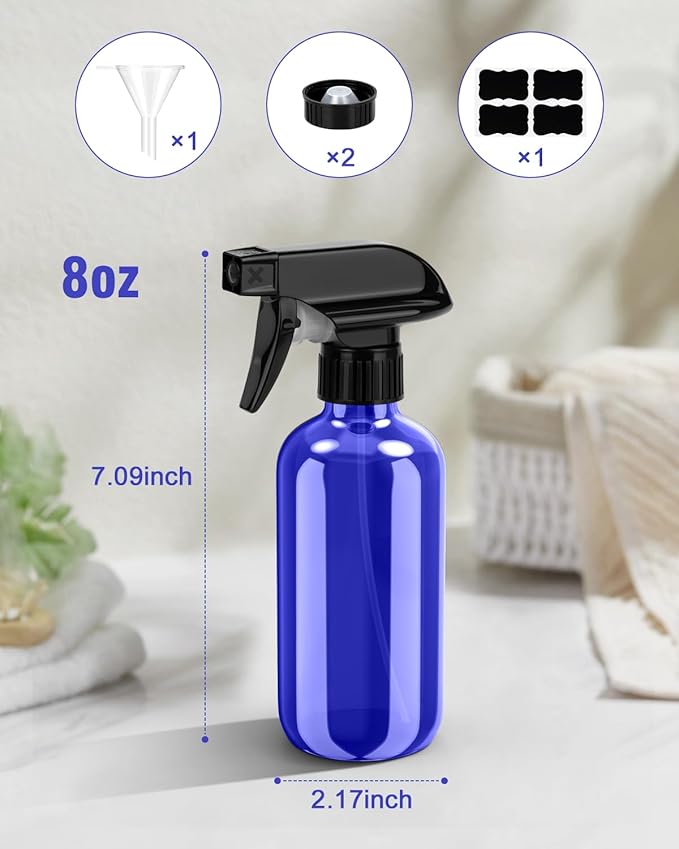 Bontip Glass Spray Bottle, Blue Glass Spray Bottle Set & Accessories Refillable for Plants Window Cleaners Aromatherapy Facial Hydration Watering Flowers Hair Care (2 Pack/8 oz) (Blue)