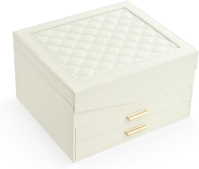 Amearea Jewelry Box Organizer for Women Girls with Mirror, 3-Layer Large Jewelry Storage Case, Synthetic Leather Jewelry Holder Organizer with Removable Tray for Necklaces Earrings Rings, White