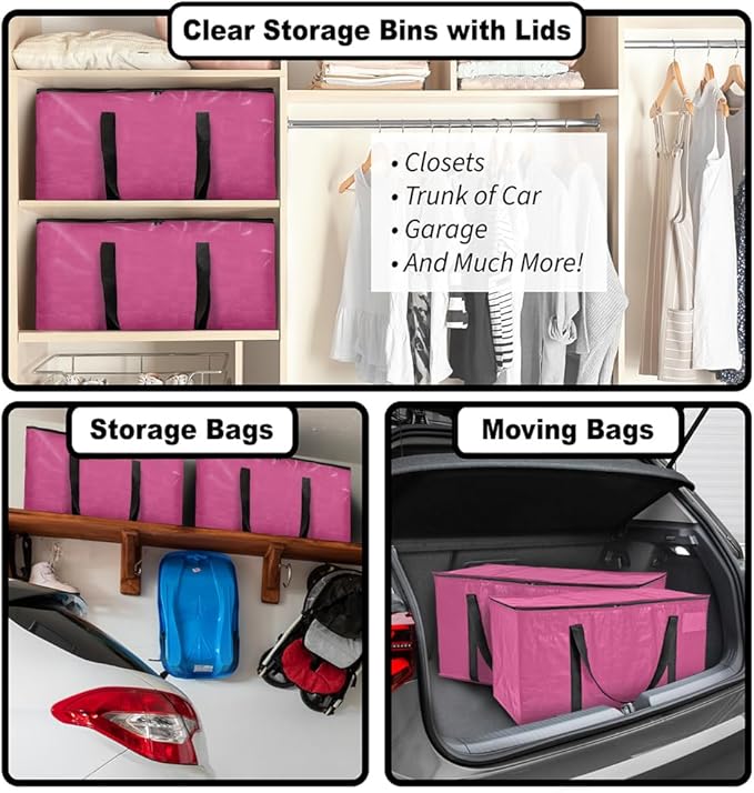 ClearSpace Heavy Duty Moving Bags or Storage Bags – Pink Storage Bins with Lids, Large Moving Boxes with Backpack Straps & Zippers,– Packing Box & Moving Supplies for College Dorm, 6 Pack