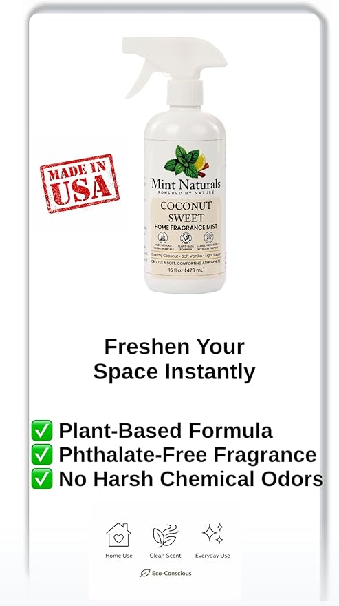 Natural Sweet Coconut Room Spray & Odor Eliminator – Creamy Coconut Vanilla Fragrance Mist That Helps Refresh Indoor Air, 16 oz – Made in USA by Mint Naturals