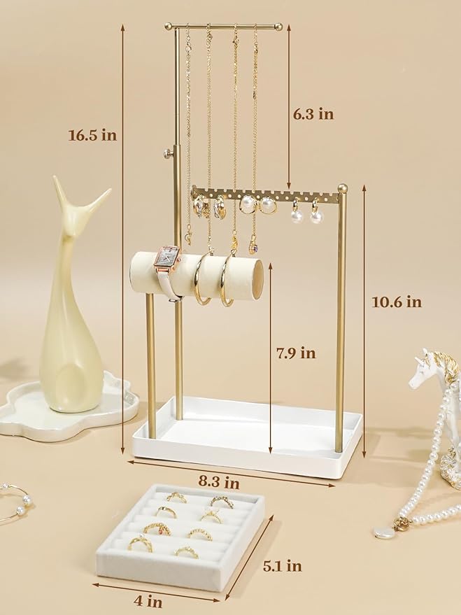 Jenseits Jewelry Organizer Stand with Ring Holder - 3-Tier Gold Jewelry Holder Tower with Velvet Tray, Necklace Holder, Bracelet & Earring Display Stand for Women, Gift for Her