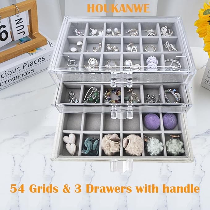 Acrylic Earring Organizer Box with 3 Drawers Clear Stud Earrings Holder Organizer with Velvet Trays Stackable Jewelry Organizer Box 54 Grids Earring Display Case for Women Girls (Grey)