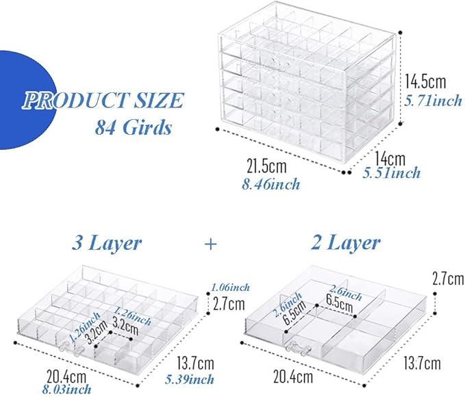 Jewelry Boxes Earring Storage Box Organizer 5 Drawers Jewelry Organizer Acrylic Jewelry Storage Box Holder Compartment Transparent Display Storage Case Gift for Women Girls (84 Girds)