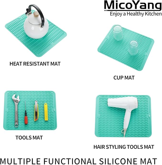MicoYang Silicone Dish Drying Mat for Multiple Usage,Easy clean,Eco-friendly,Heat-resistant Silicone Mat for Kitchen Counter or Sink,Refrigerator or drawer liner Mint L 16 inches x 12 inches