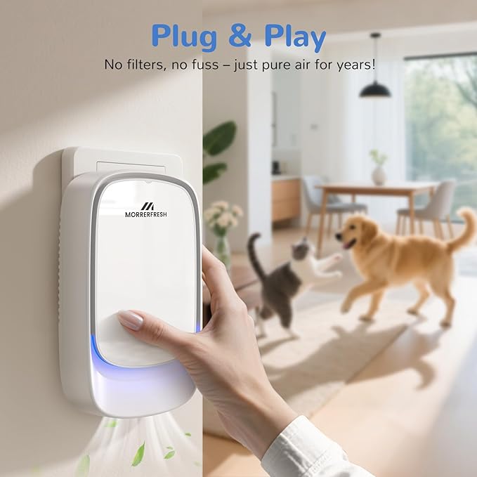 Morrerfresh Cat Litter Deodorizer – 99% Odor Eliminator for Strong Pet Odors, Plug In Negative Ion Air Purifier for Litter Box, Home, Kitchen, Bathroom, Ozone-Free & Quiet Portable (Unscented)