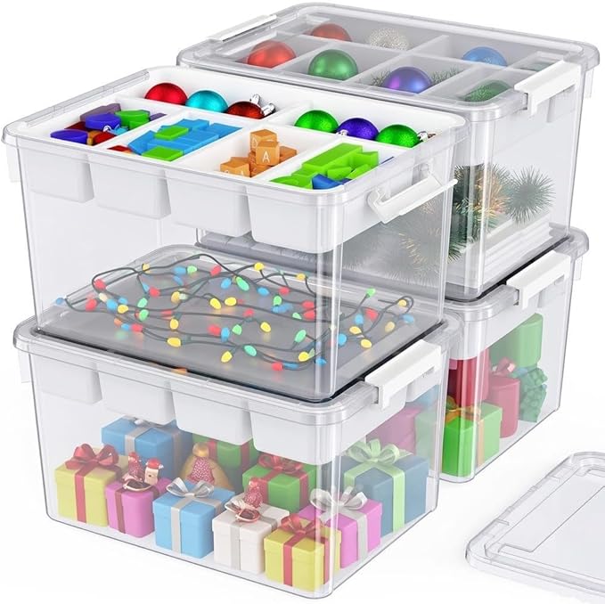 160Qt Plastic Storage Bins with Lids, Clear Latching Organizers Boxes with Removable Trays, Large Portable Storage Containers, for Holiday Ornaments, Home Organization, 4Pack